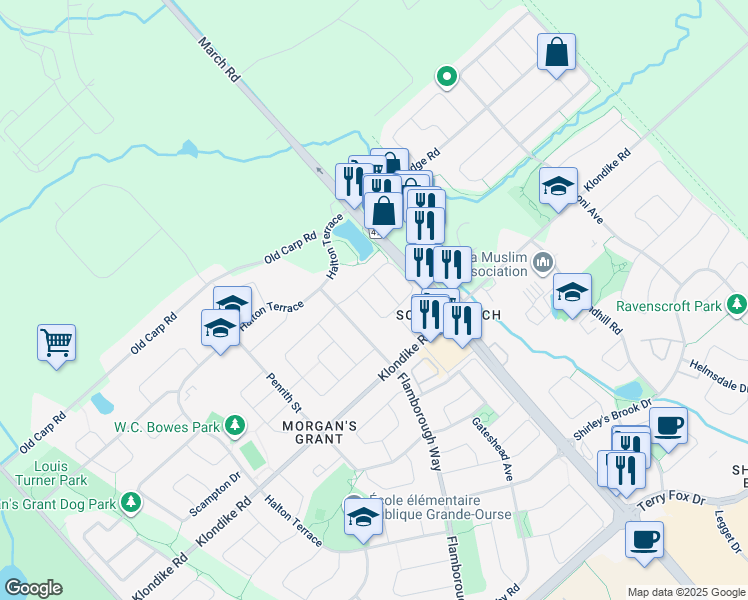 map of restaurants, bars, coffee shops, grocery stores, and more near 418 Breckenridge Crescent in Ottawa