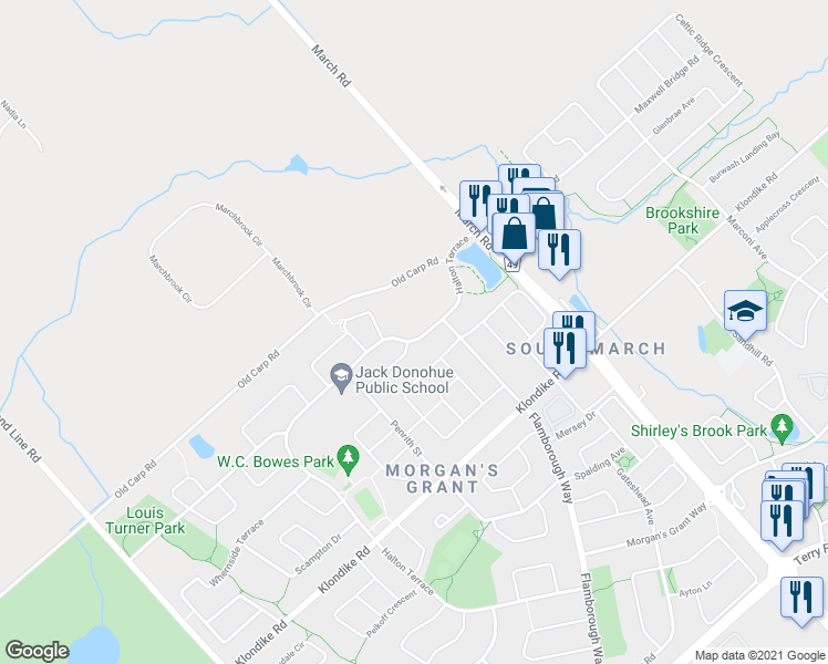 map of restaurants, bars, coffee shops, grocery stores, and more near 1134 Halton Terrace in Ottawa