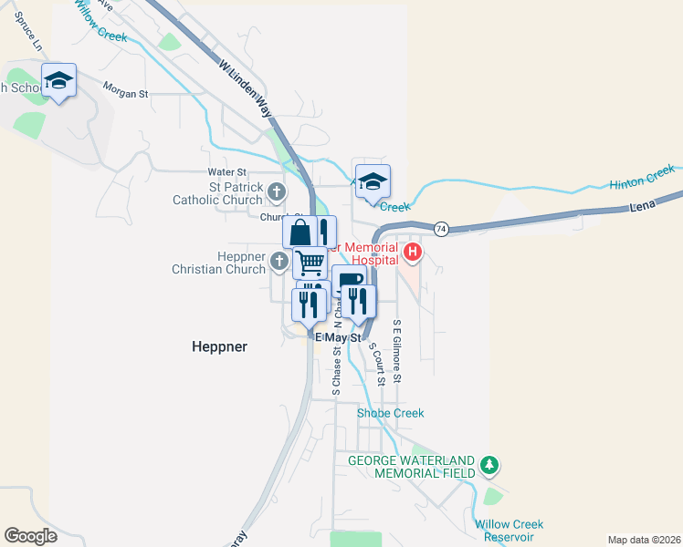 map of restaurants, bars, coffee shops, grocery stores, and more near 310 North Chase Street in Heppner