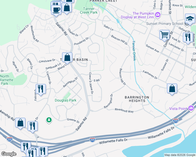 map of restaurants, bars, coffee shops, grocery stores, and more near 3438 Vista Ridge Drive in West Linn