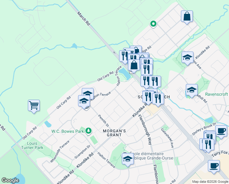 map of restaurants, bars, coffee shops, grocery stores, and more near 1111 Halton Terrace in Ottawa