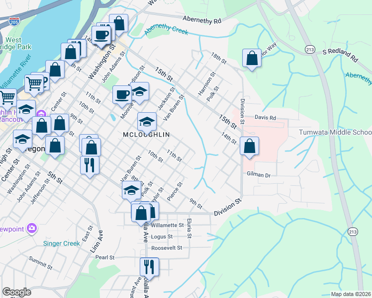 map of restaurants, bars, coffee shops, grocery stores, and more near 1520 12th Street in Oregon City
