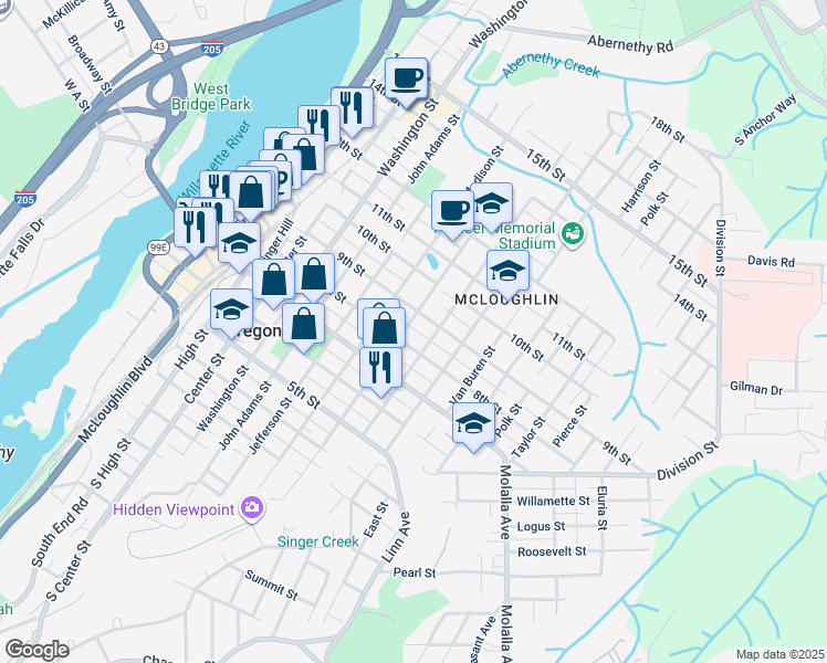 map of restaurants, bars, coffee shops, grocery stores, and more near 808 Monroe Street in Oregon City