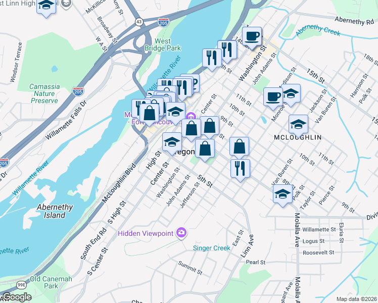 map of restaurants, bars, coffee shops, grocery stores, and more near in Oregon City