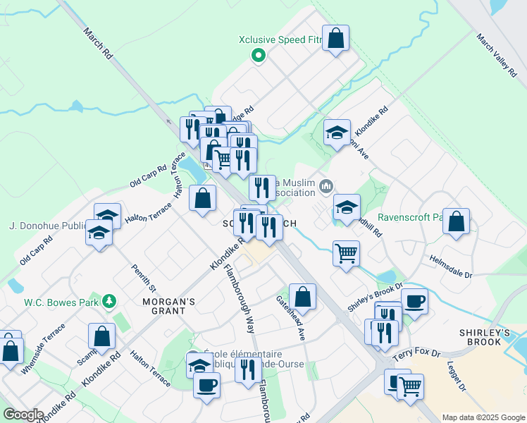 map of restaurants, bars, coffee shops, grocery stores, and more near 806 March Road in Ottawa