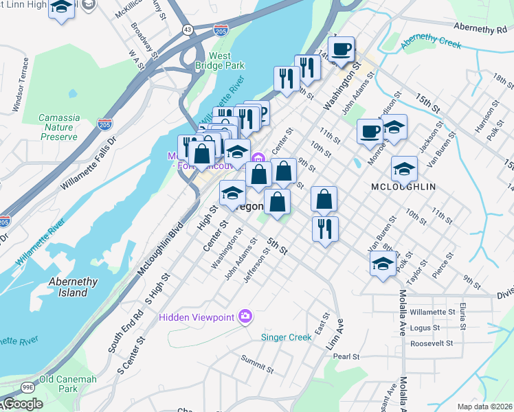 map of restaurants, bars, coffee shops, grocery stores, and more near in Oregon City