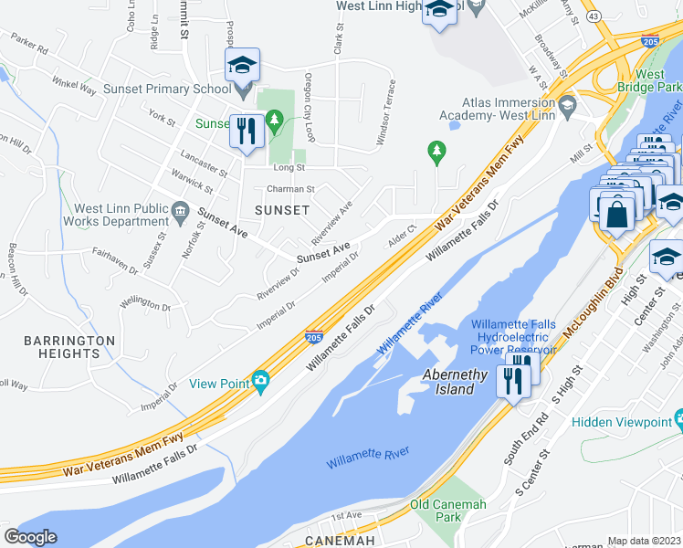 map of restaurants, bars, coffee shops, grocery stores, and more near 4329 Imperial Drive in West Linn