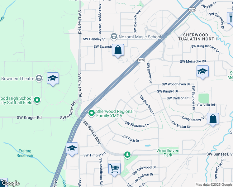 map of restaurants, bars, coffee shops, grocery stores, and more near 22700 Southwest Pacific Highway in Sherwood