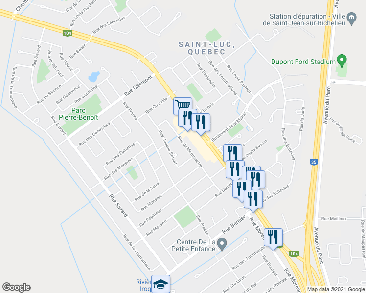 map of restaurants, bars, coffee shops, grocery stores, and more near 290 Rue de Montmartre in Saint-Jean-sur-Richelieu