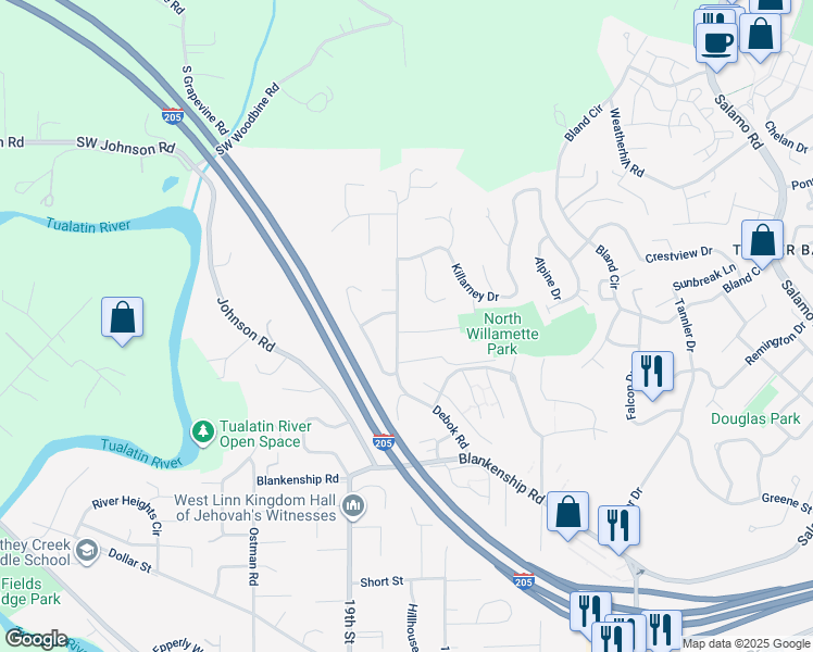map of restaurants, bars, coffee shops, grocery stores, and more near 1400 Rosemarie Drive in West Linn