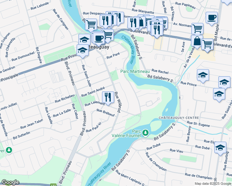 map of restaurants, bars, coffee shops, grocery stores, and more near Rue Wilbrod in Châteauguay