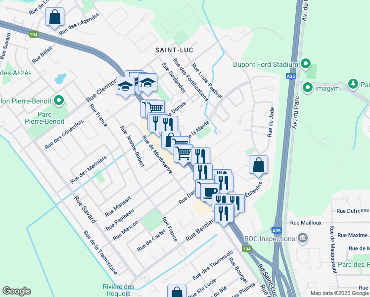 map of restaurants, bars, coffee shops, grocery stores, and more near 285 Boulevard Saint-Luc in Saint-Jean-sur-Richelieu