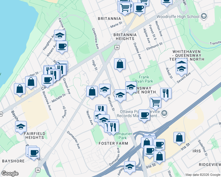 map of restaurants, bars, coffee shops, grocery stores, and more near in Ottawa