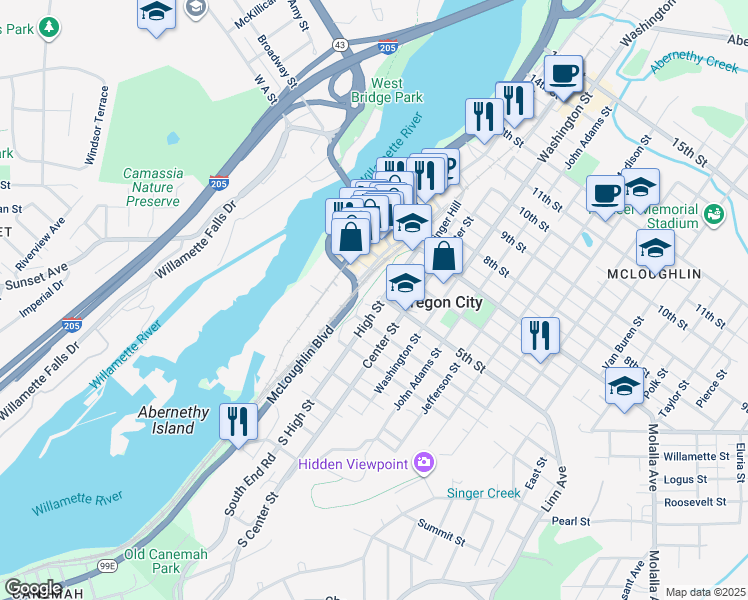 map of restaurants, bars, coffee shops, grocery stores, and more near in Oregon City