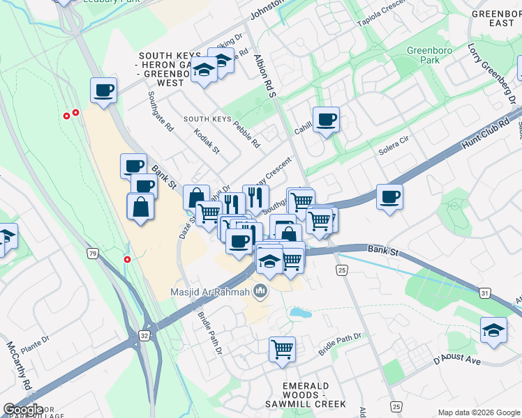 map of restaurants, bars, coffee shops, grocery stores, and more near 2431 Bank Street in Ottawa