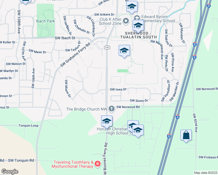 map of restaurants, bars, coffee shops, grocery stores, and more near 9445 Southwest Iowa Drive in Tualatin