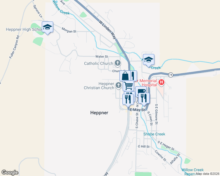 map of restaurants, bars, coffee shops, grocery stores, and more near 260 West Center Street in Heppner