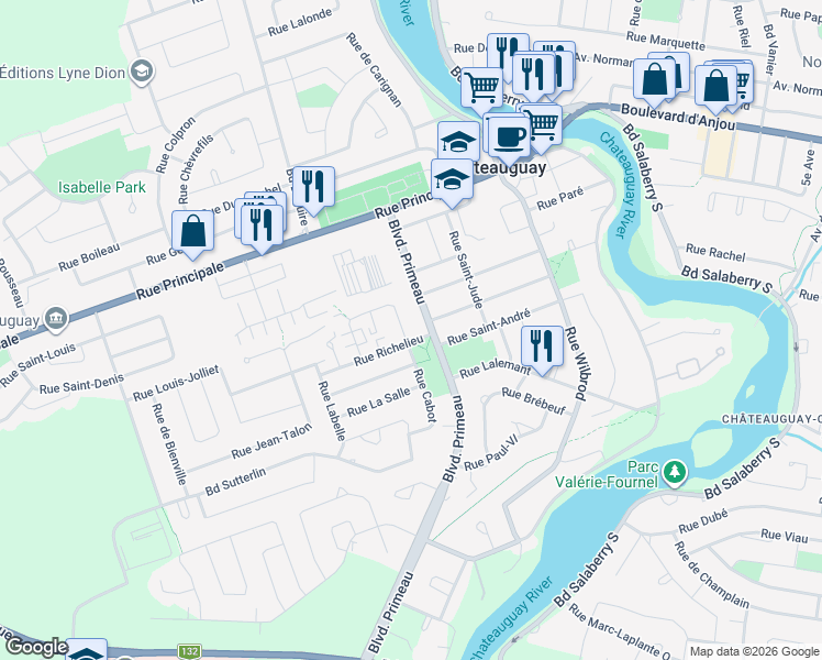 map of restaurants, bars, coffee shops, grocery stores, and more near 3 Carré Richelieu in Châteauguay