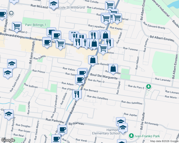 map of restaurants, bars, coffee shops, grocery stores, and more near 144 Boulevard Saint-Jean-Baptiste in Châteauguay