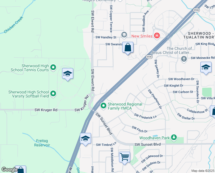 map of restaurants, bars, coffee shops, grocery stores, and more near 22780 Southwest Elwert Road in Sherwood
