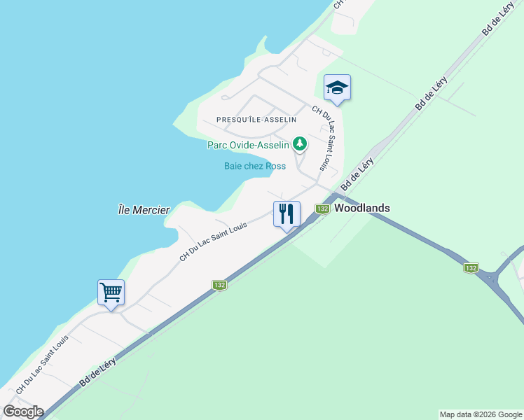 map of restaurants, bars, coffee shops, grocery stores, and more near 643 Chemin du Lac-Saint-Louis in Léry
