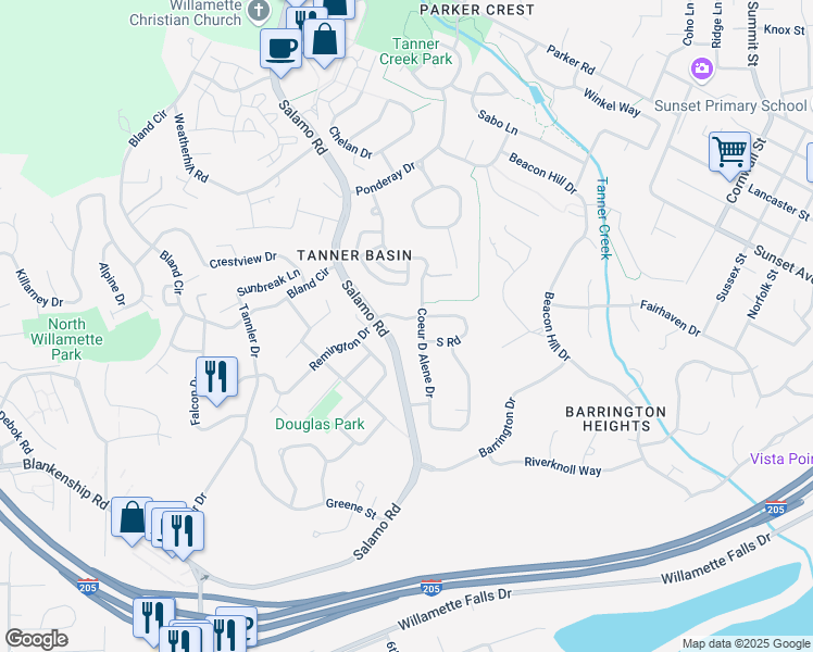 map of restaurants, bars, coffee shops, grocery stores, and more near 3528 Vista Ridge Drive in West Linn