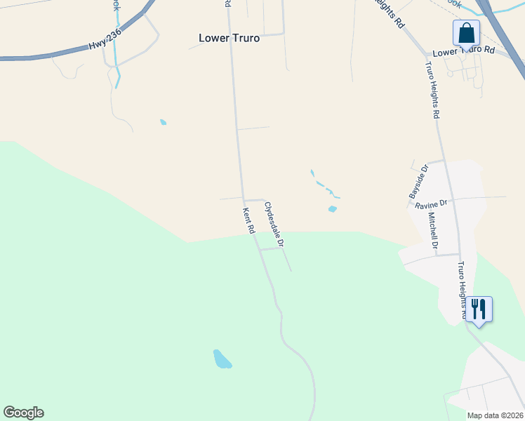 map of restaurants, bars, coffee shops, grocery stores, and more near 30 Clydesdale Drive in Lower Truro