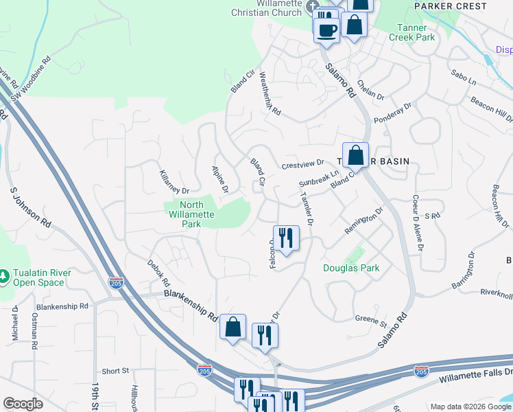 map of restaurants, bars, coffee shops, grocery stores, and more near 2393 Taylor Drive in West Linn