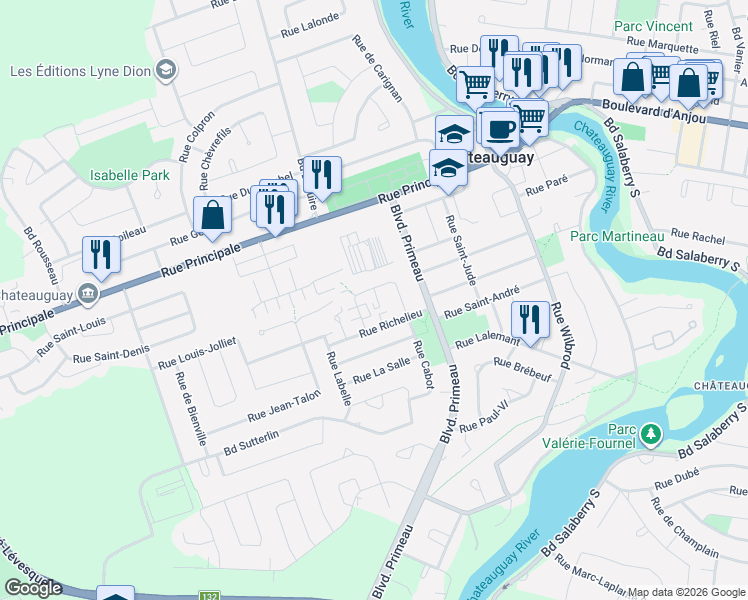 map of restaurants, bars, coffee shops, grocery stores, and more near 10 Carré Richelieu in Châteauguay