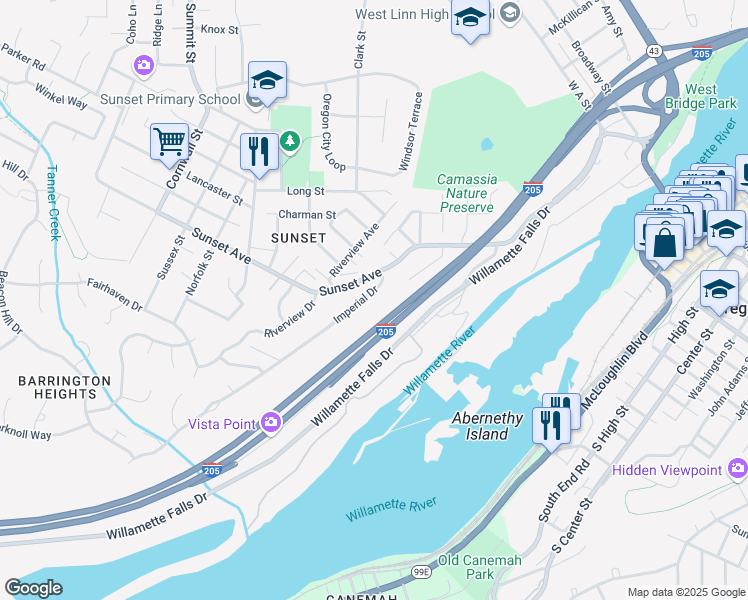 map of restaurants, bars, coffee shops, grocery stores, and more near 4365 Imperial Drive in West Linn