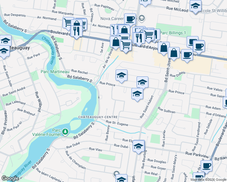 map of restaurants, bars, coffee shops, grocery stores, and more near 5 Rue Lautrec in Châteauguay