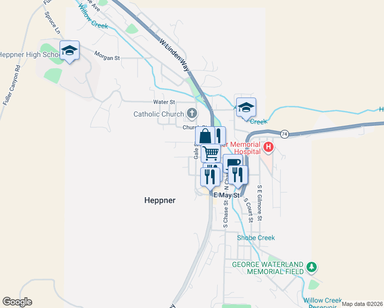map of restaurants, bars, coffee shops, grocery stores, and more near 315 Gale Street in Heppner