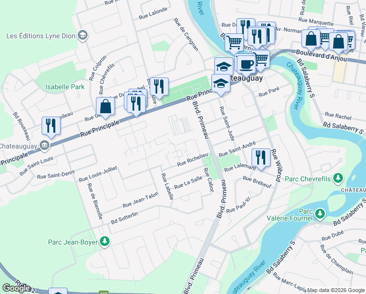 map of restaurants, bars, coffee shops, grocery stores, and more near 10 Carré Richelieu in Châteauguay