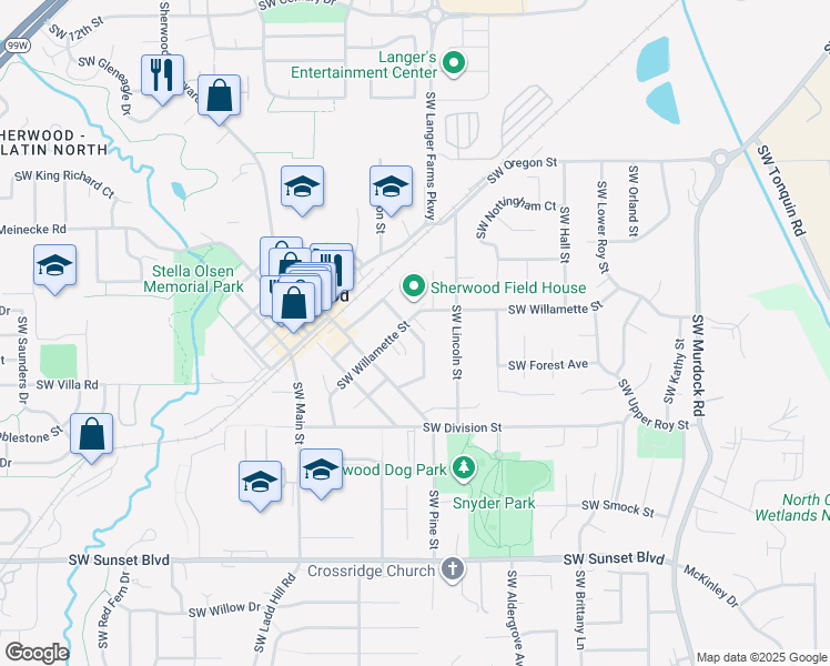 map of restaurants, bars, coffee shops, grocery stores, and more near Southwest HIghland Drive in Sherwood
