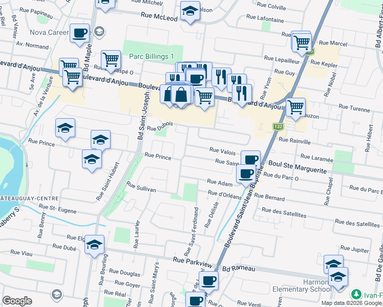 map of restaurants, bars, coffee shops, grocery stores, and more near 47 Rue Saint-Julien in Châteauguay