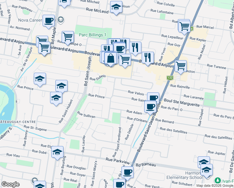 map of restaurants, bars, coffee shops, grocery stores, and more near 47 Rue Saint-Julien in Châteauguay