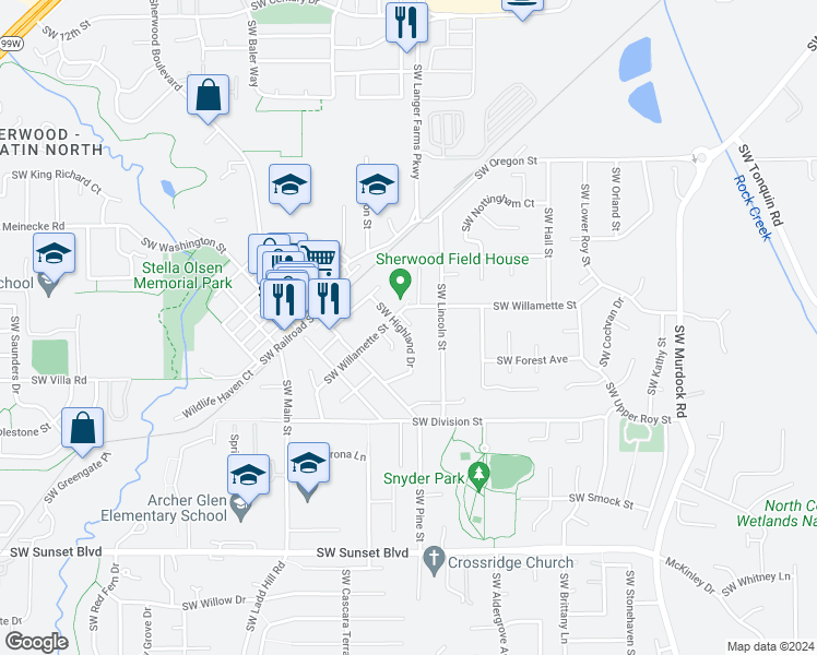 map of restaurants, bars, coffee shops, grocery stores, and more near 22650 Southwest HIghland Drive in Sherwood