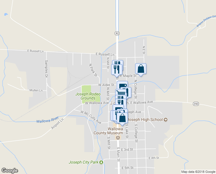 map of restaurants, bars, coffee shops, grocery stores, and more near 407 North Mill Street in Joseph