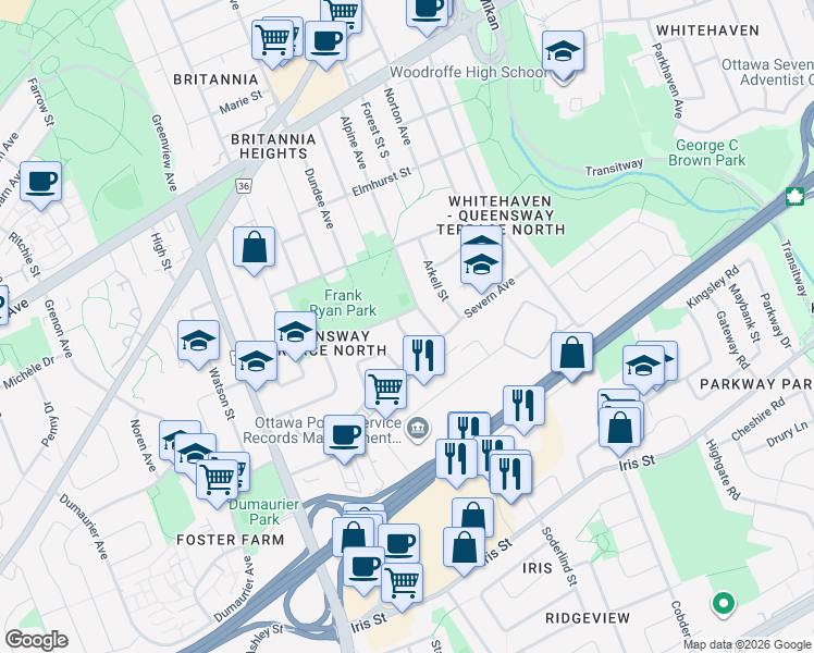 map of restaurants, bars, coffee shops, grocery stores, and more near 987 Mossdale Street in Ottawa