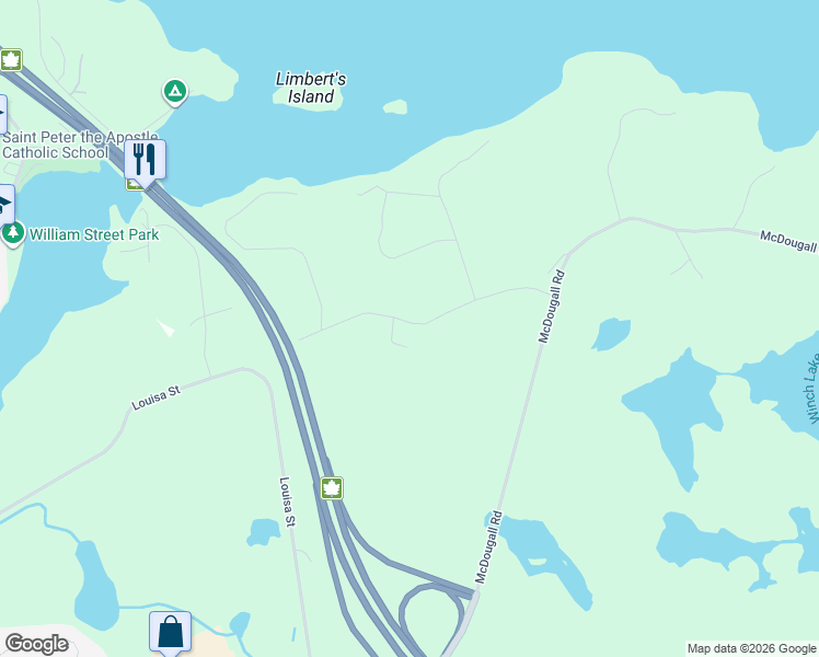 map of restaurants, bars, coffee shops, grocery stores, and more near 3 Hilly Lane in Parry Sound
