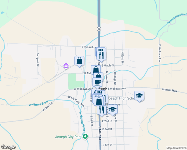 map of restaurants, bars, coffee shops, grocery stores, and more near 400 North Mill Street in Joseph
