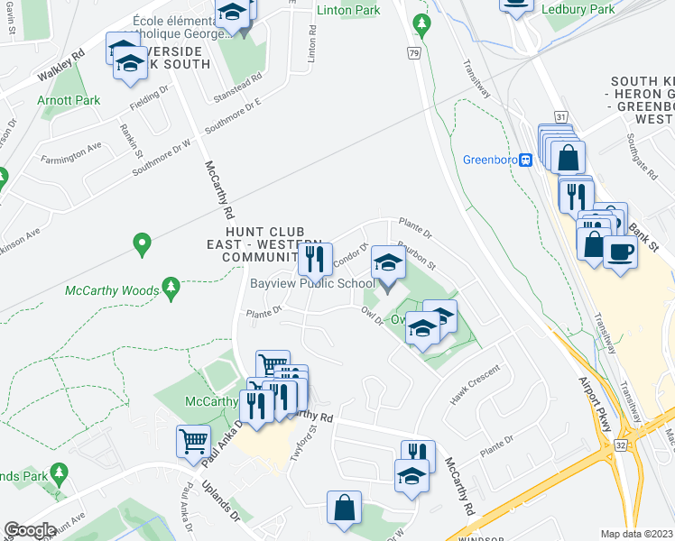 map of restaurants, bars, coffee shops, grocery stores, and more near 70 Condor Drive in Ottawa