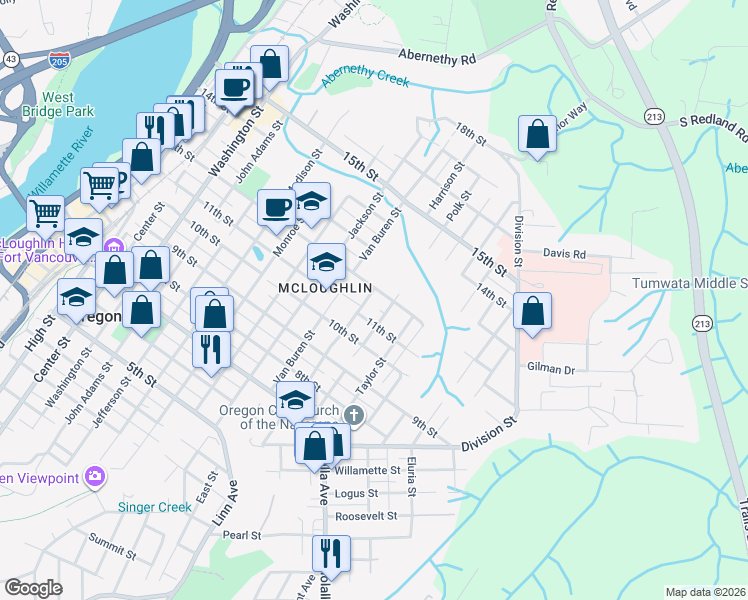 map of restaurants, bars, coffee shops, grocery stores, and more near 1404 11th Street in Oregon City