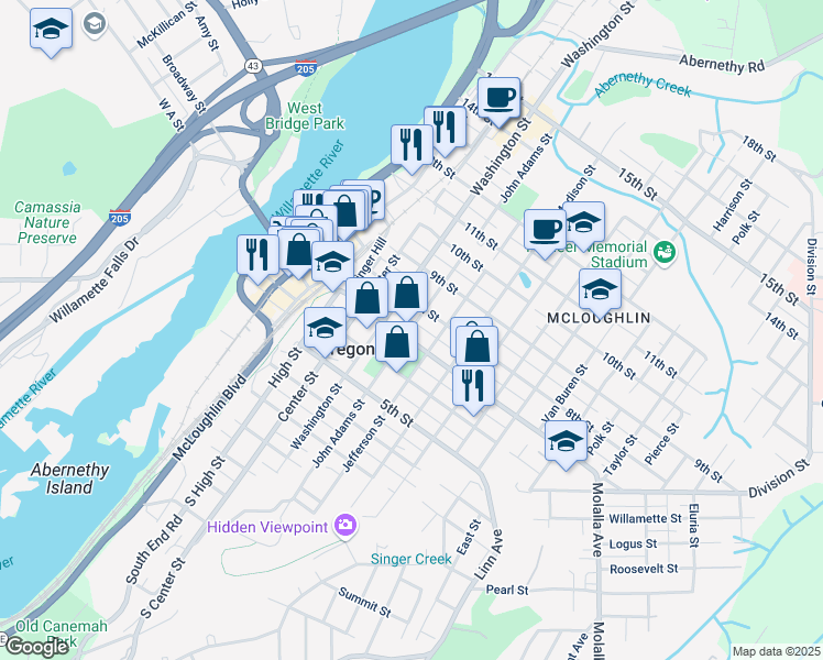 map of restaurants, bars, coffee shops, grocery stores, and more near 714 John Adams Street in Oregon City