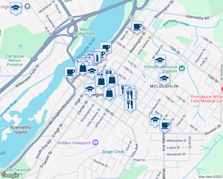 map of restaurants, bars, coffee shops, grocery stores, and more near 606 John Adams Street in Oregon City