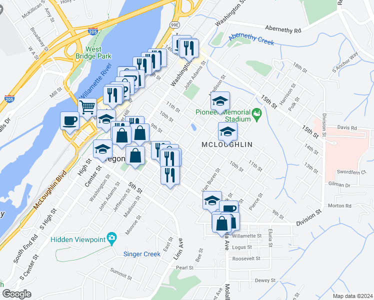 map of restaurants, bars, coffee shops, grocery stores, and more near Monroe Street in Oregon City