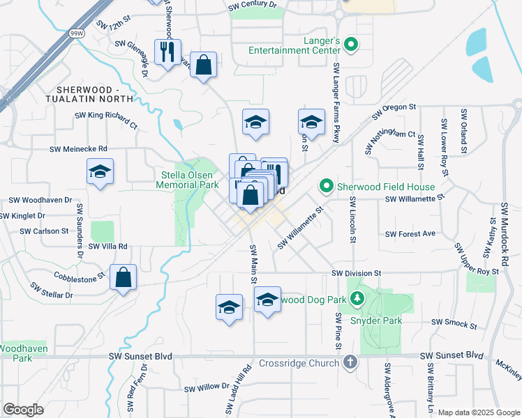 map of restaurants, bars, coffee shops, grocery stores, and more near 22833 Southwest Washington Street in Sherwood