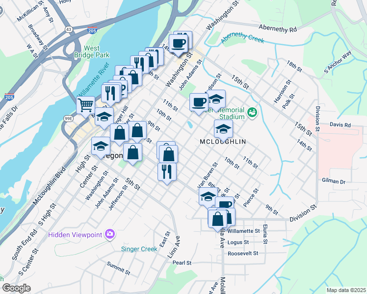 map of restaurants, bars, coffee shops, grocery stores, and more near 816 John Quincy Adams Street in Oregon City
