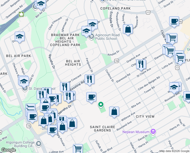 map of restaurants, bars, coffee shops, grocery stores, and more near 1720 Baseline Road in Ottawa