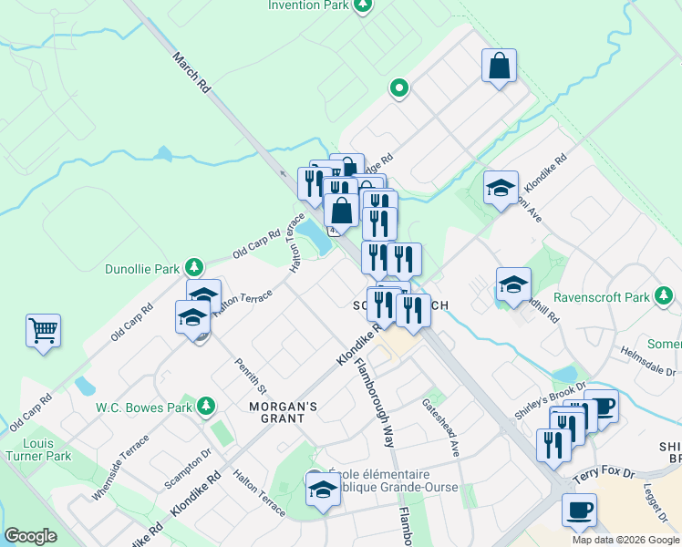 map of restaurants, bars, coffee shops, grocery stores, and more near 505 Woodchase Street in Ottawa